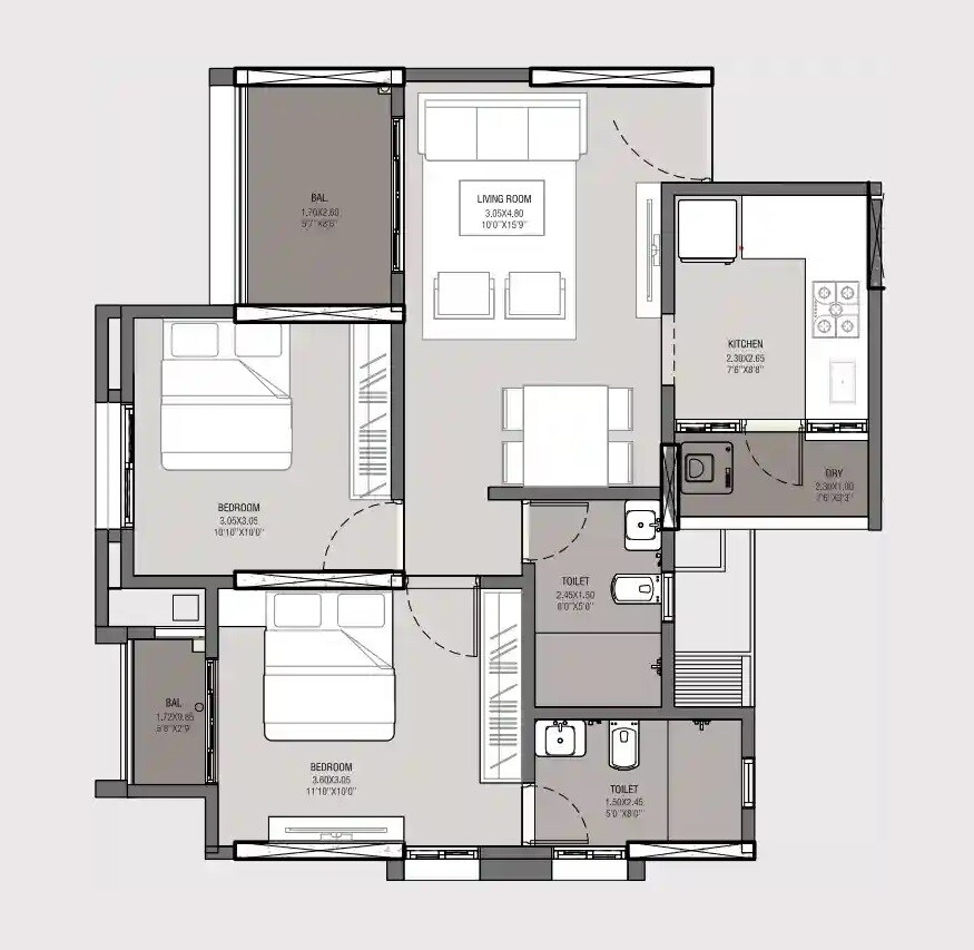 Floor plan of 2 BHK 574 Sq. Ft. Apartment in Rachana Eternia, Pune