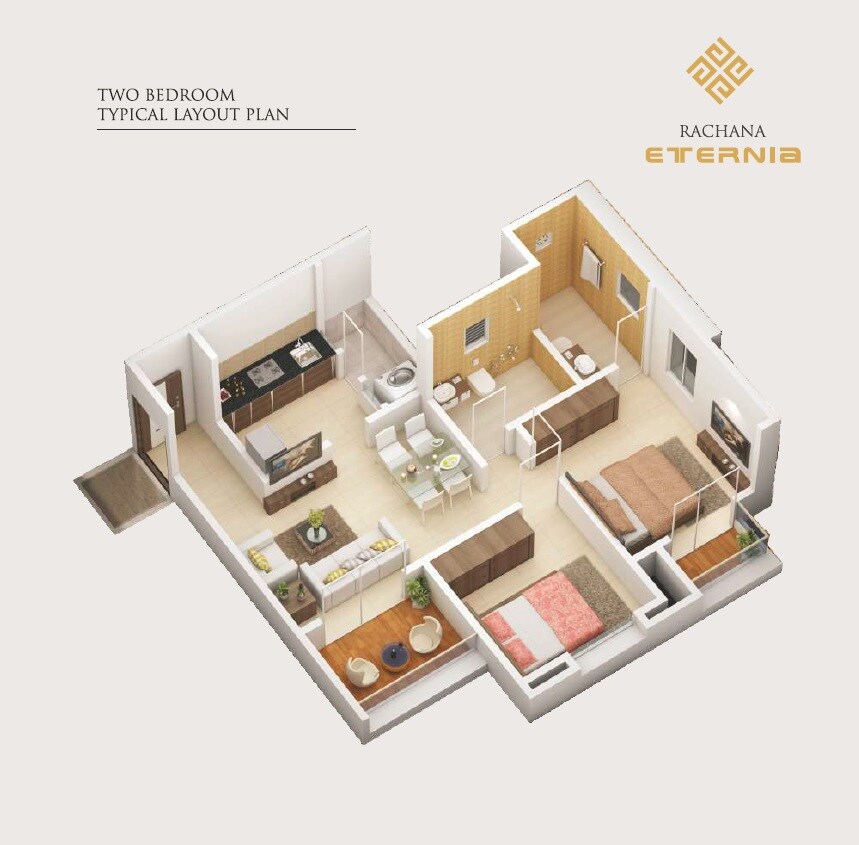 Floor plan of 2 BHK 602 Sq. Ft. Apartment in Rachana Eternia, Pune