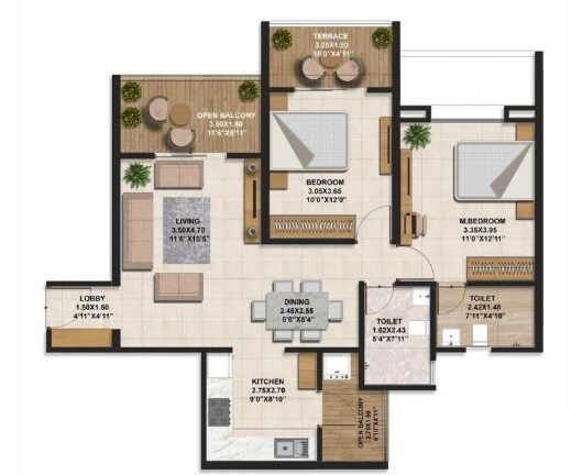 Floor plan of 2 BHK 503 Sq. Ft. Apartment in Rachna Lifestyle Bella Casa, Pune