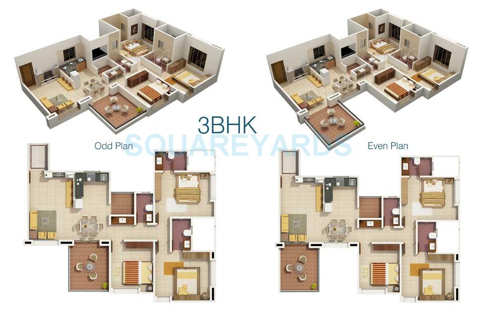 Floor plan of 3 BHK 850 Sq. Ft. Apartment in Rachna Lifestyle Bella Casa, Pune