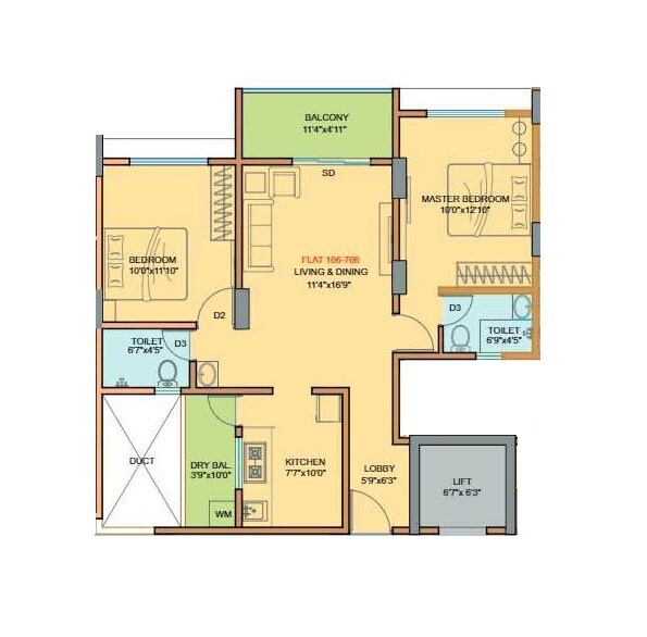 Floor plan of 2 BHK 786 Sq. Ft. Apartment in Radhika Residency Vishrantwadi, Pune
