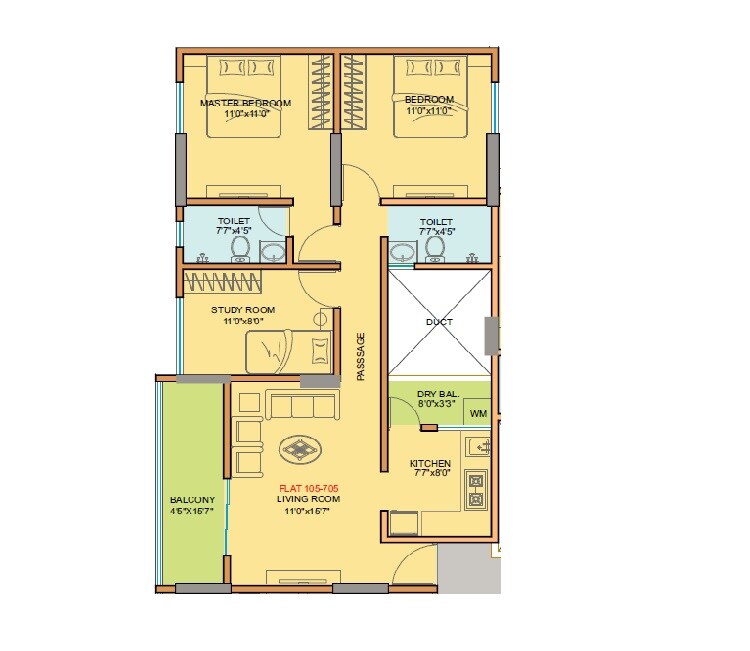 Floor plan of 3 BHK 850 Sq. Ft. Apartment in Radhika Residency Vishrantwadi, Pune