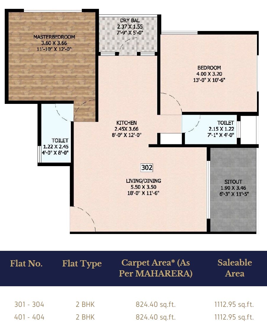 2 BHK 824 Sq. Ft. Apartment