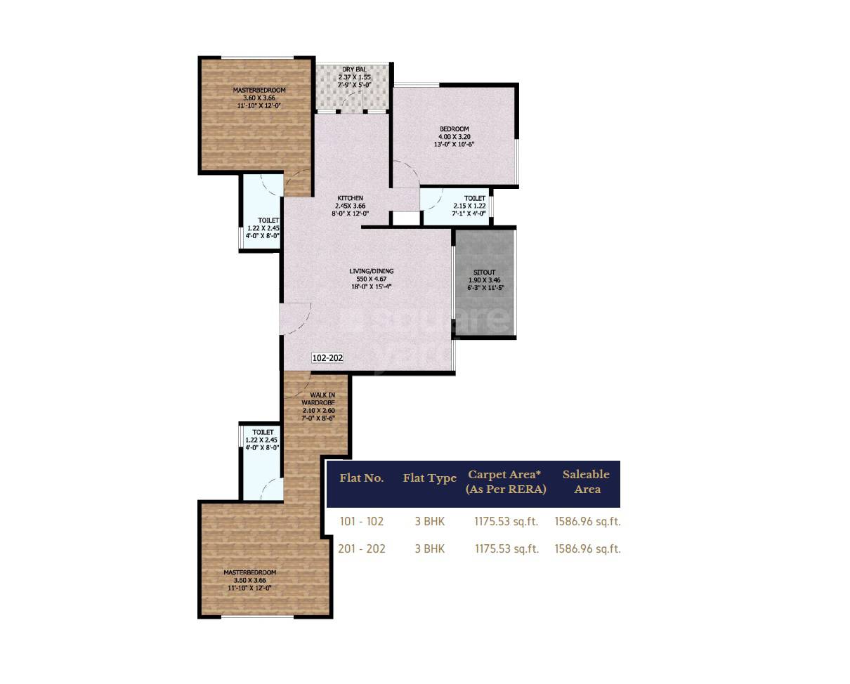 Floor plan of 3 BHK 1175 Sq. Ft. Apartment in Radhika Sikandar Apartments, Pune
