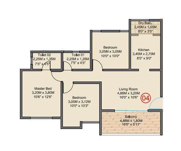 3 BHK 894 Sq. Ft. Apartment