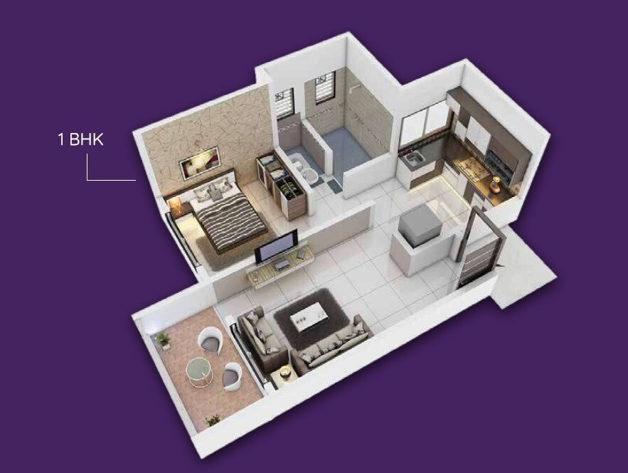 Floor plan of 1 BHK 398 Sq. Ft. Apartment in Raghunandan Kasturi, Pune