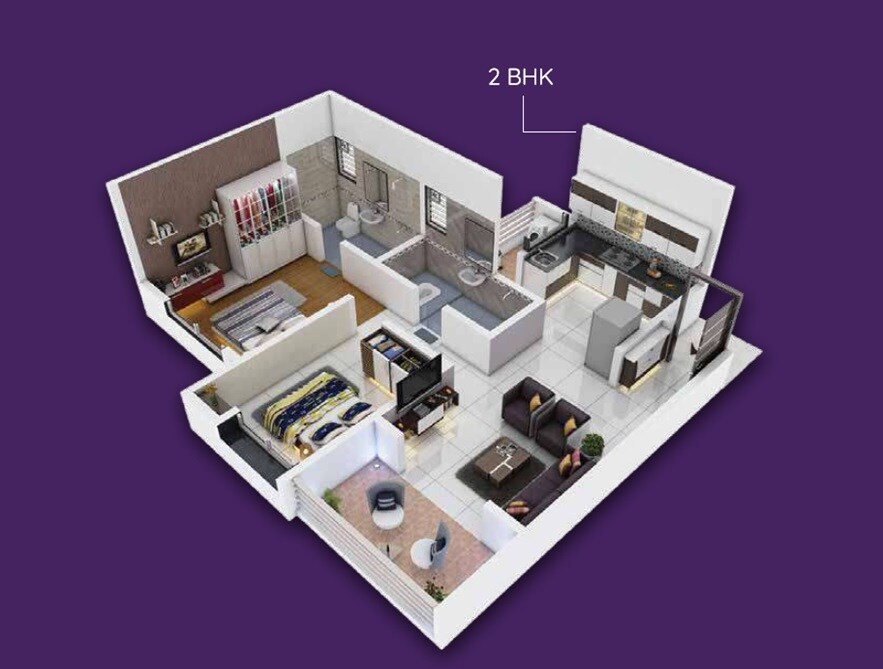 Floor plan of 2 BHK 548 Sq. Ft. Apartment in Raghunandan Kasturi, Pune