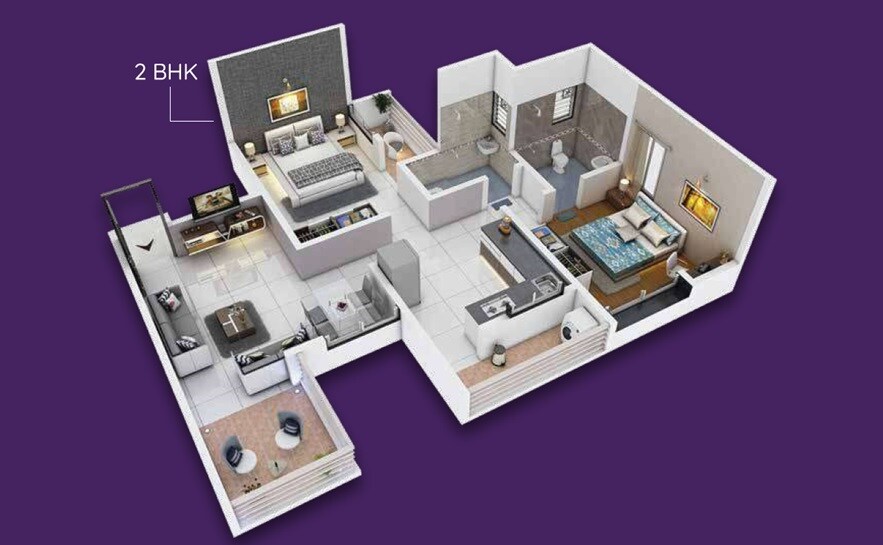 Floor plan of 2 BHK 619 Sq. Ft. Apartment in Raghunandan Kasturi, Pune