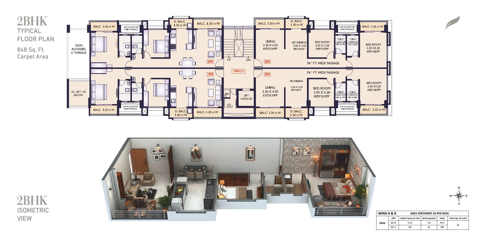 Floor plan of 2 BHK 848 Sq. Ft. Apartment in Raghunath Amara, Pune