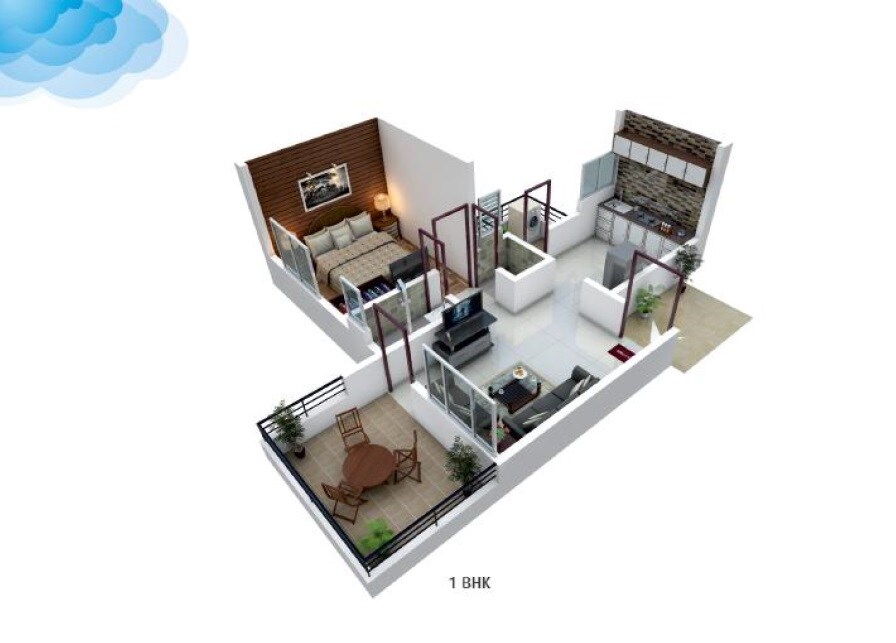 Floor plan of 1 BHK 477 Sq. Ft. Apartment in Raghvendra Akashvedh, Pune