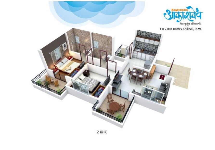 Floor plan of 2 BHK 710 Sq. Ft. Apartment in Raghvendra Akashvedh, Pune