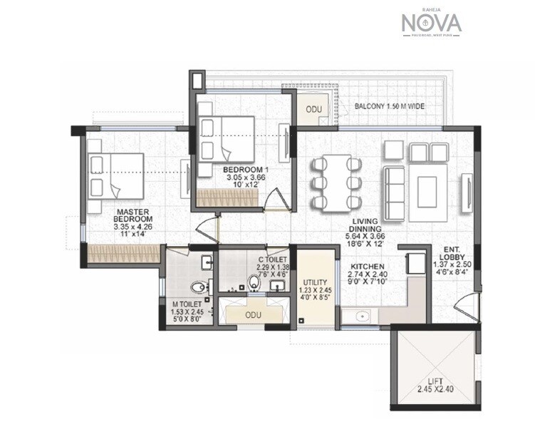 Floor plan of 2 BHK 674 Sq. Ft. Apartment in Raheja Nova, Pune