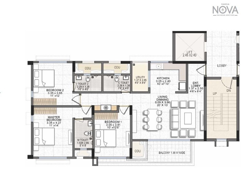 Floor plan of 3 BHK 1007 Sq. Ft. Apartment in Raheja Nova, Pune
