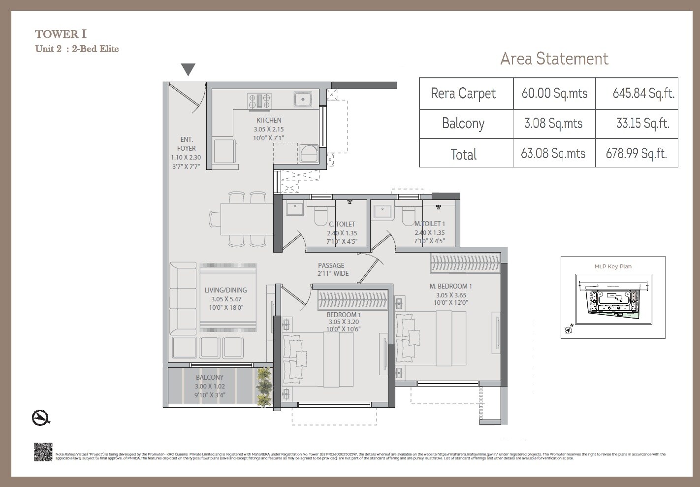 Floor plan of 2 BHK 679 Sq. Ft. Apartment in Raheja Vistas, Pune