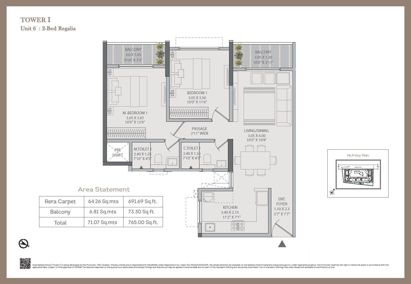 Floor plan of 2 BHK 765 Sq. Ft. Apartment in Raheja Vistas, Pune