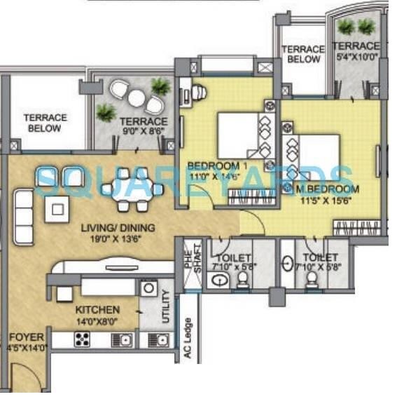 Floor plan of 2 BHK 754 Sq. Ft. Apartment in Raheja Vistas Phase 1, Pune