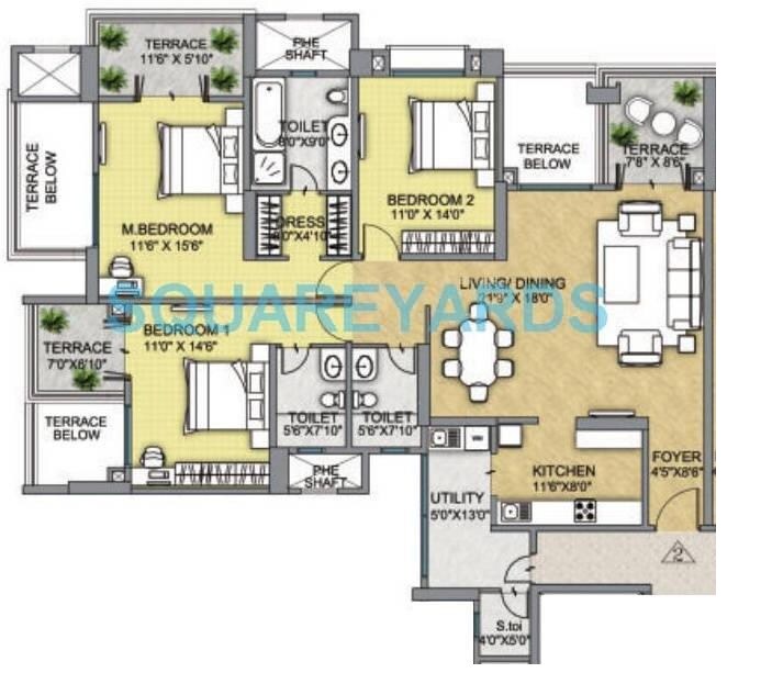 Floor plan of 3 BHK 975 Sq. Ft. Apartment in Raheja Vistas Phase 1, Pune