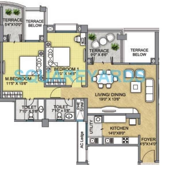 Floor plan of 2 BHK 801 Sq. Ft. Apartment in Raheja Vistas Phase 3, Pune