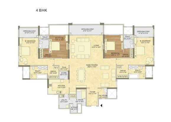 Floor plan of 4 BHK 1642 Sq. Ft. Apartment in Raheja Vistas Phase 3, Pune