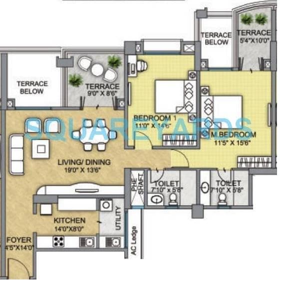 Floor plan of 2 BHK 754 Sq. Ft. Apartment in Raheja Vistas Phase II, Pune