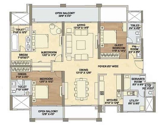 Floor plan of 3 BHK 1376 Sq. Ft. Apartment in Raheja Vistas Premiere, Pune