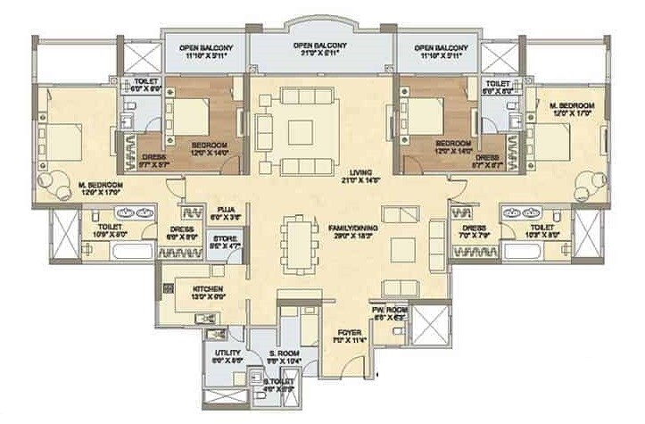 Floor plan of 4 BHK 3020 Sq. Ft. Apartment in Raheja Vistas Premiere, Pune