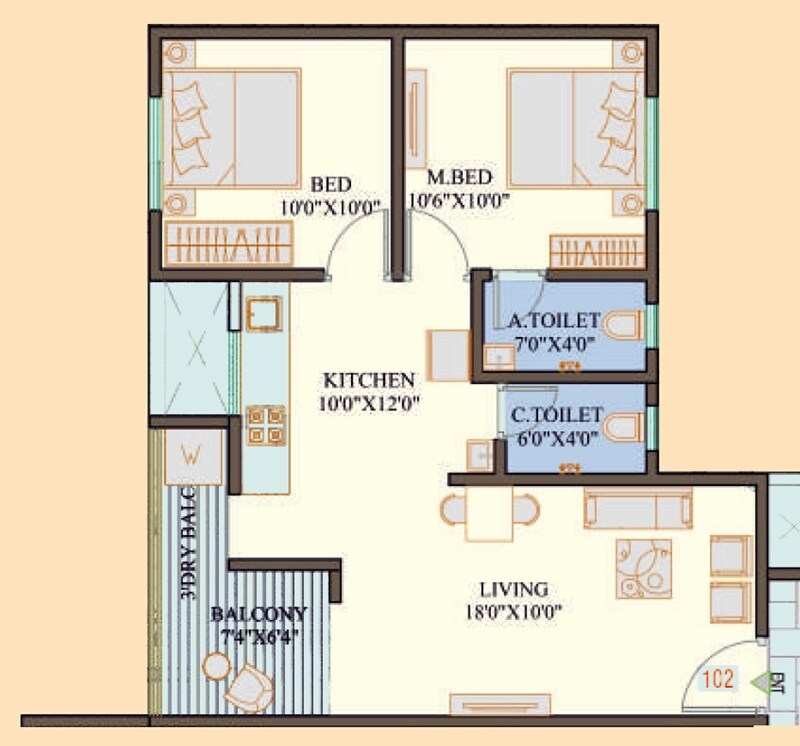 Floor plan of 2 BHK 674 Sq. Ft. Apartment in Rahi Kasturi, Pune