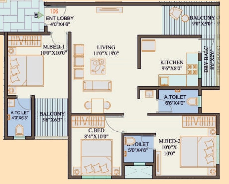 Floor plan of 3 BHK 808 Sq. Ft. Apartment in Rahi Kasturi, Pune