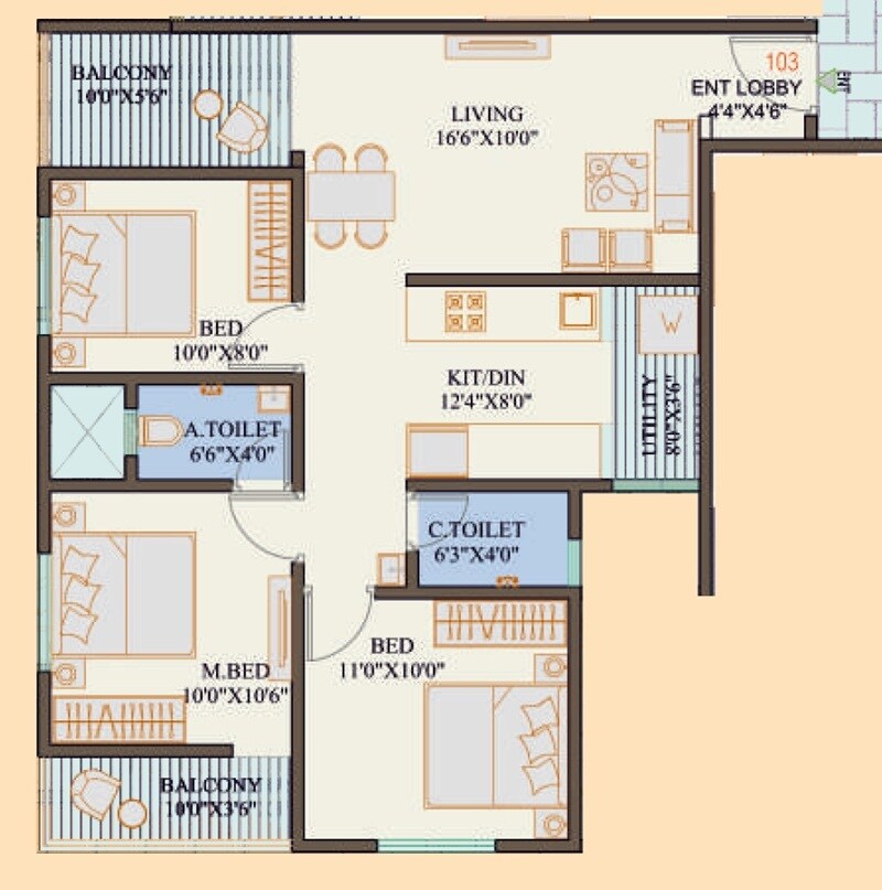 Floor plan of 3 BHK 828 Sq. Ft. Apartment in Rahi Kasturi, Pune