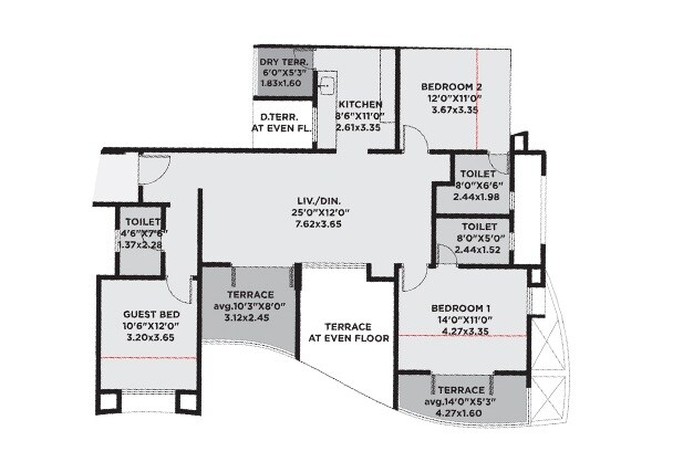 Floor plan of 3 BHK 1249 Sq. Ft. Apartment in Rahul Arcus, Pune