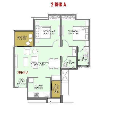Floor plan of 2 BHK 751 Sq. Ft. Apartment in Rahul Downtown, Pune