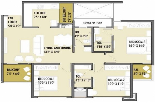 Floor plan of 3 BHK 1063 Sq. Ft. Apartment in Rahul Downtown, Pune