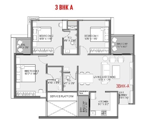 Floor plan of 3 BHK 979 Sq. Ft. Apartment in Rahul Downtown, Pune