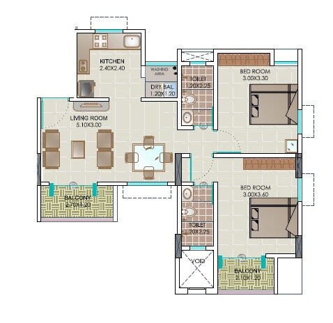 Floor plan of 2 BHK 978 Sq. Ft. Apartment in Rahul East View, Pune