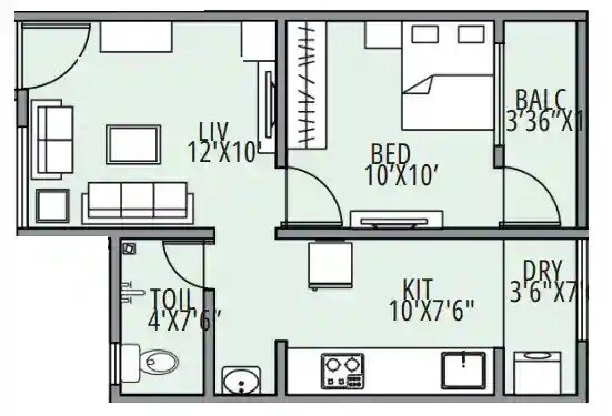 Floor plan of 1 BHK 380 Sq. Ft. Apartment in Rahul Sai Ramdas, Pune