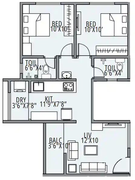 Floor plan of 2 BHK 510 Sq. Ft. Apartment in Rahul Sai Ramdas, Pune