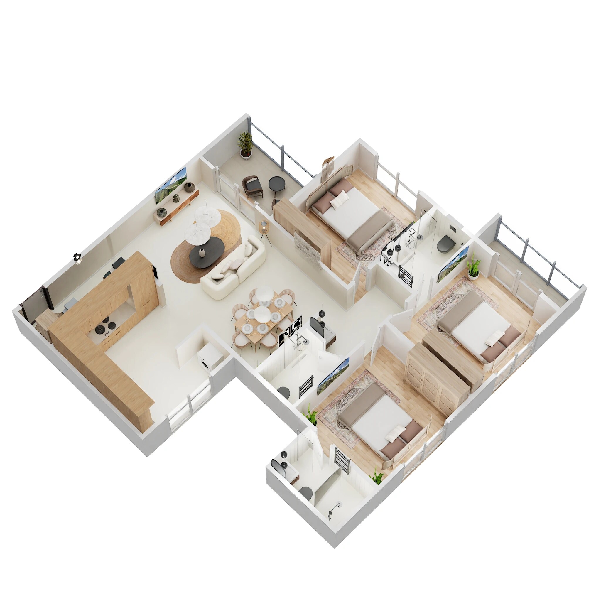 Floor plan of 3 BHK 1096 Sq. Ft. Apartment in Raichandani Aura, Pune