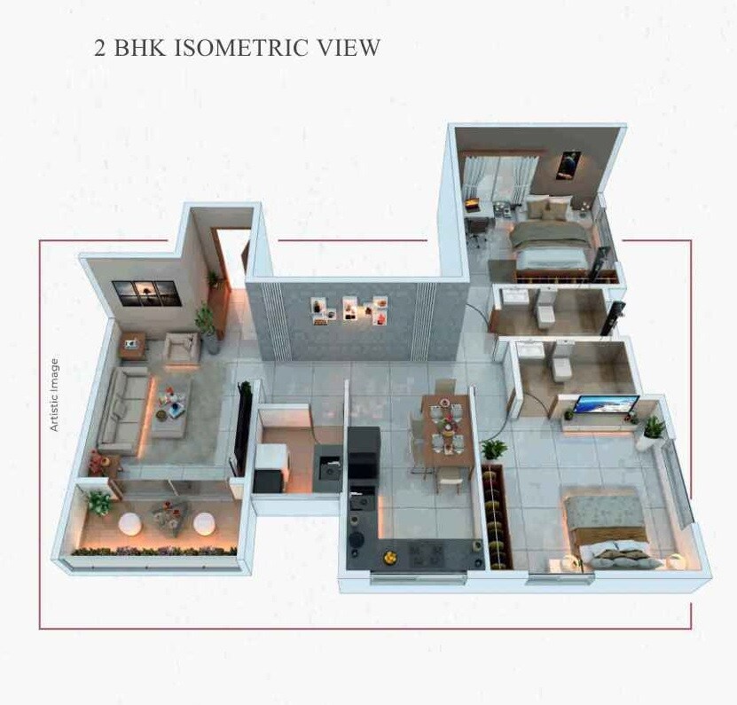 Floor plan of 2 BHK 859 Sq. Ft. Apartment in Raichandani Indian Bank Staff CHS, Pune