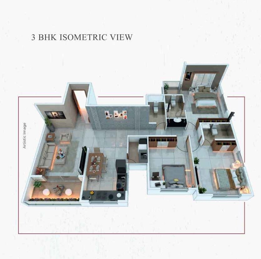 Floor plan of 3 BHK 1165 Sq. Ft. Apartment in Raichandani Indian Bank Staff CHS, Pune