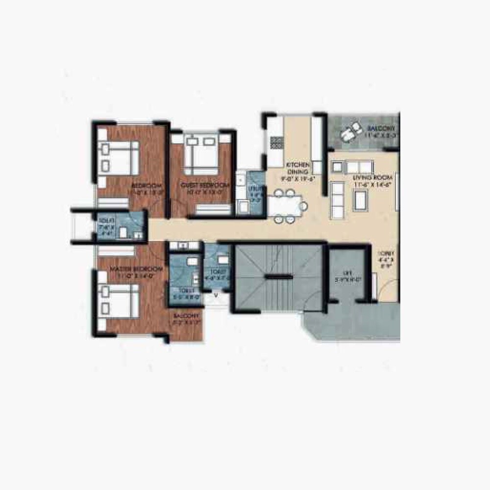 Floor plan of 3 BHK 1333 Sq. Ft. Apartment in Raichandani Indian Bank Staff CHS, Pune
