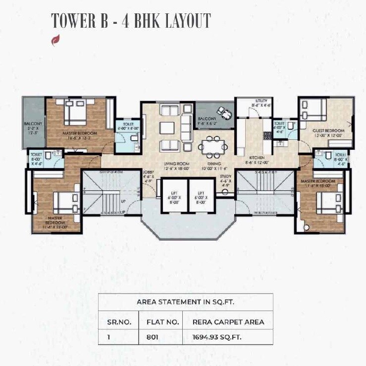 Floor plan of 4 BHK 1695 Sq. Ft. Apartment in Raichandani Indian Bank Staff CHS, Pune