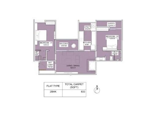Floor plan of 2 BHK 833 Sq. Ft. Apartment in Raichandani Kesar, Pune