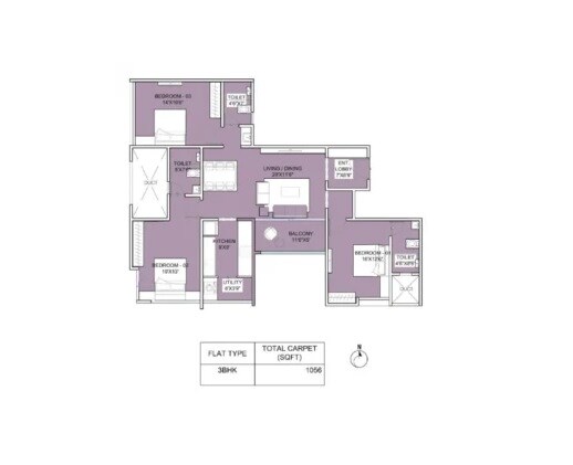 Floor plan of 3 BHK 1056 Sq. Ft. Apartment in Raichandani Kesar, Pune