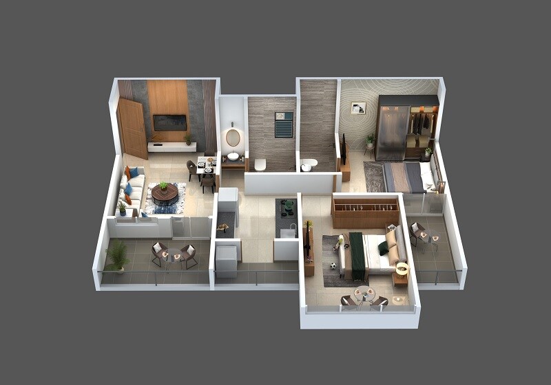 Floor plan of 2 BHK 573 Sq. Ft. Apartment in Raichandani Pentagon Towers, Pune