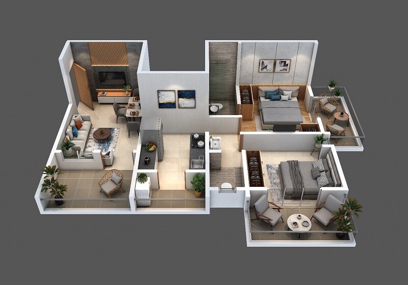 Floor plan of 2 BHK 608 Sq. Ft. Apartment in Raichandani Pentagon Towers, Pune