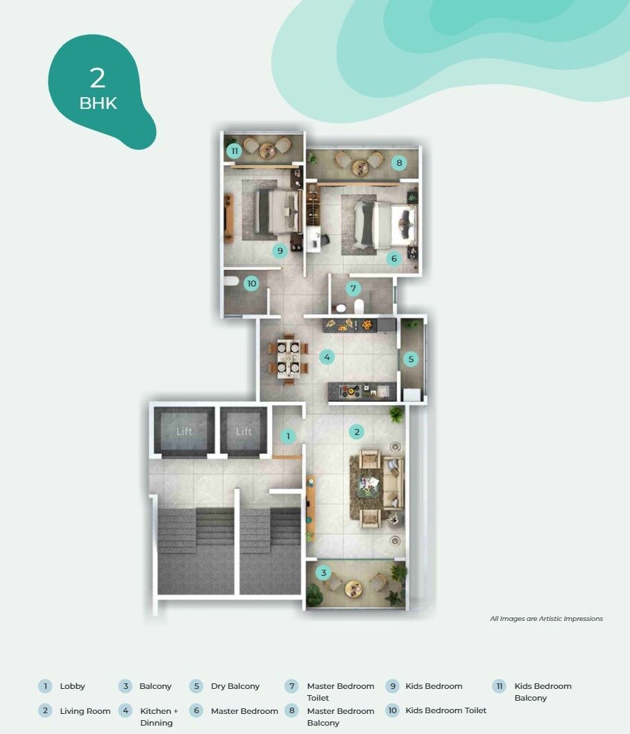 Floor plan of 2 BHK 1056 Sq. Ft. Apartment in Raichandani Sunman Aparments, Pune