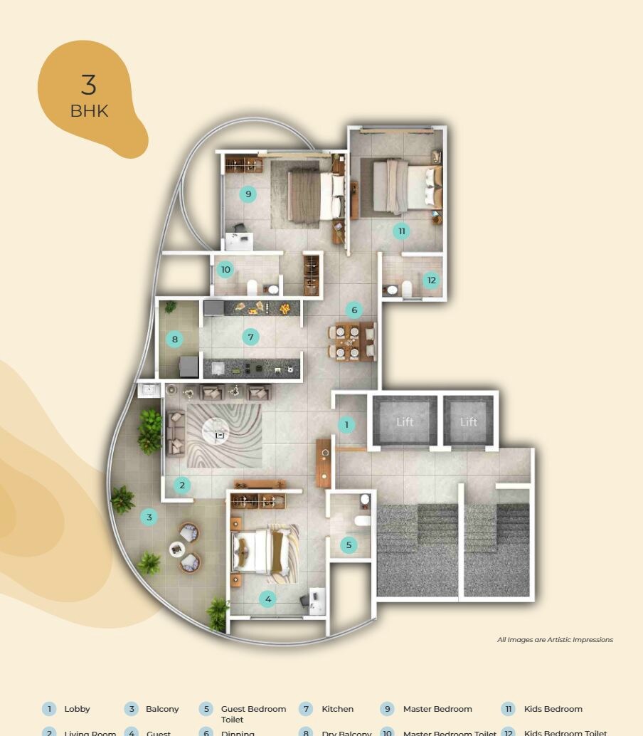 Floor plan of 3 BHK 1285 Sq. Ft. Apartment in Raichandani Sunman Aparments, Pune