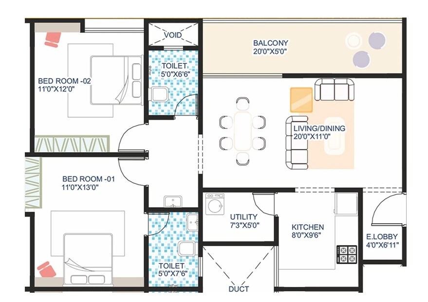 Floor plan of 2 BHK 913 Sq. Ft. Apartment in Raichandani The Shwet, Pune