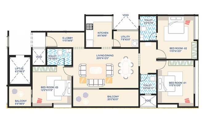 Floor plan of 3 BHK 1198 Sq. Ft. Apartment in Raichandani The Shwet, Pune