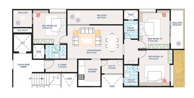 Floor plan of 3 BHK 1263 Sq. Ft. Apartment in Raichandani The Shwet, Pune